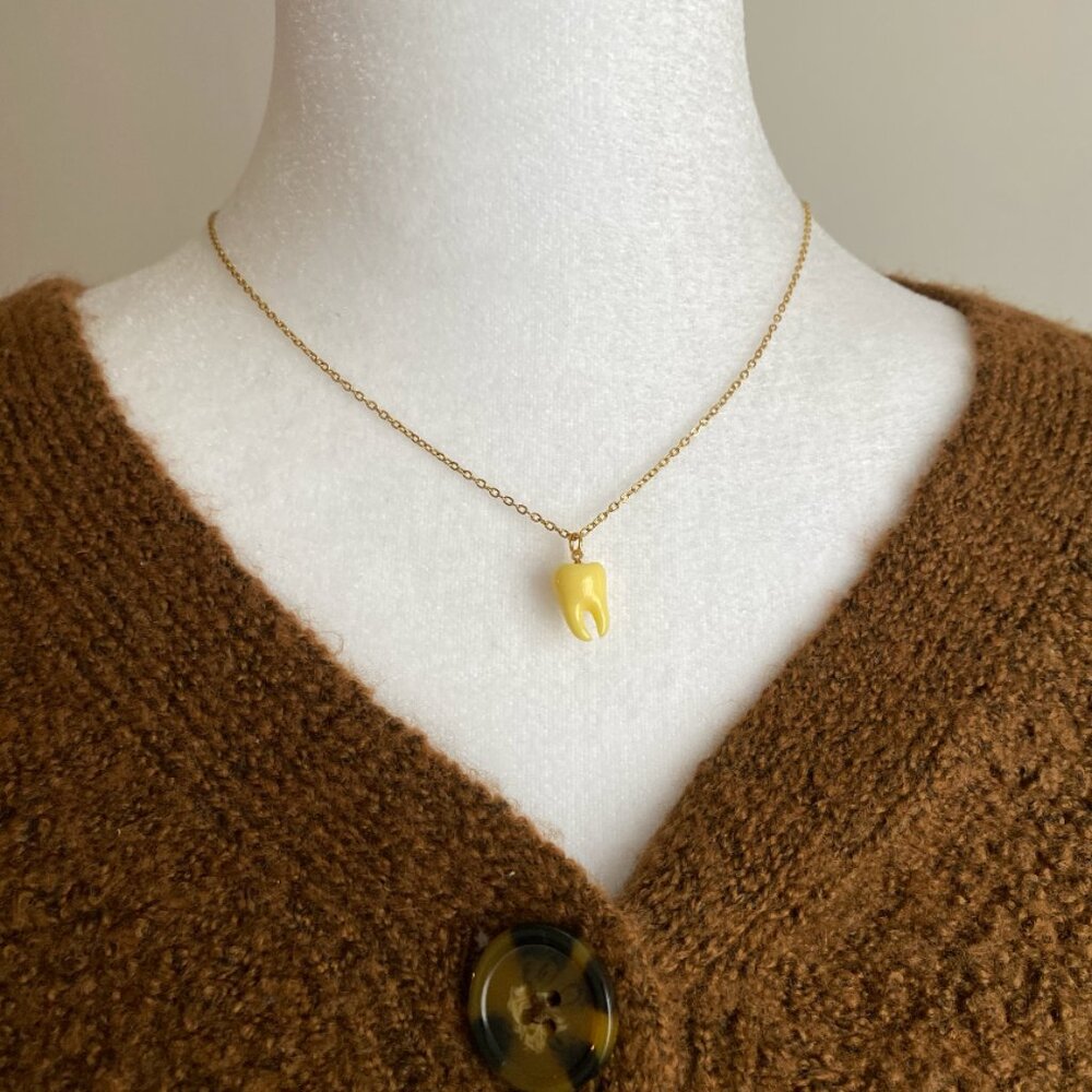 Handmade 18K GOLD STAINLESS STEEL Necklace Tooth Fairy Teeth‎ Whimsical Jewelry